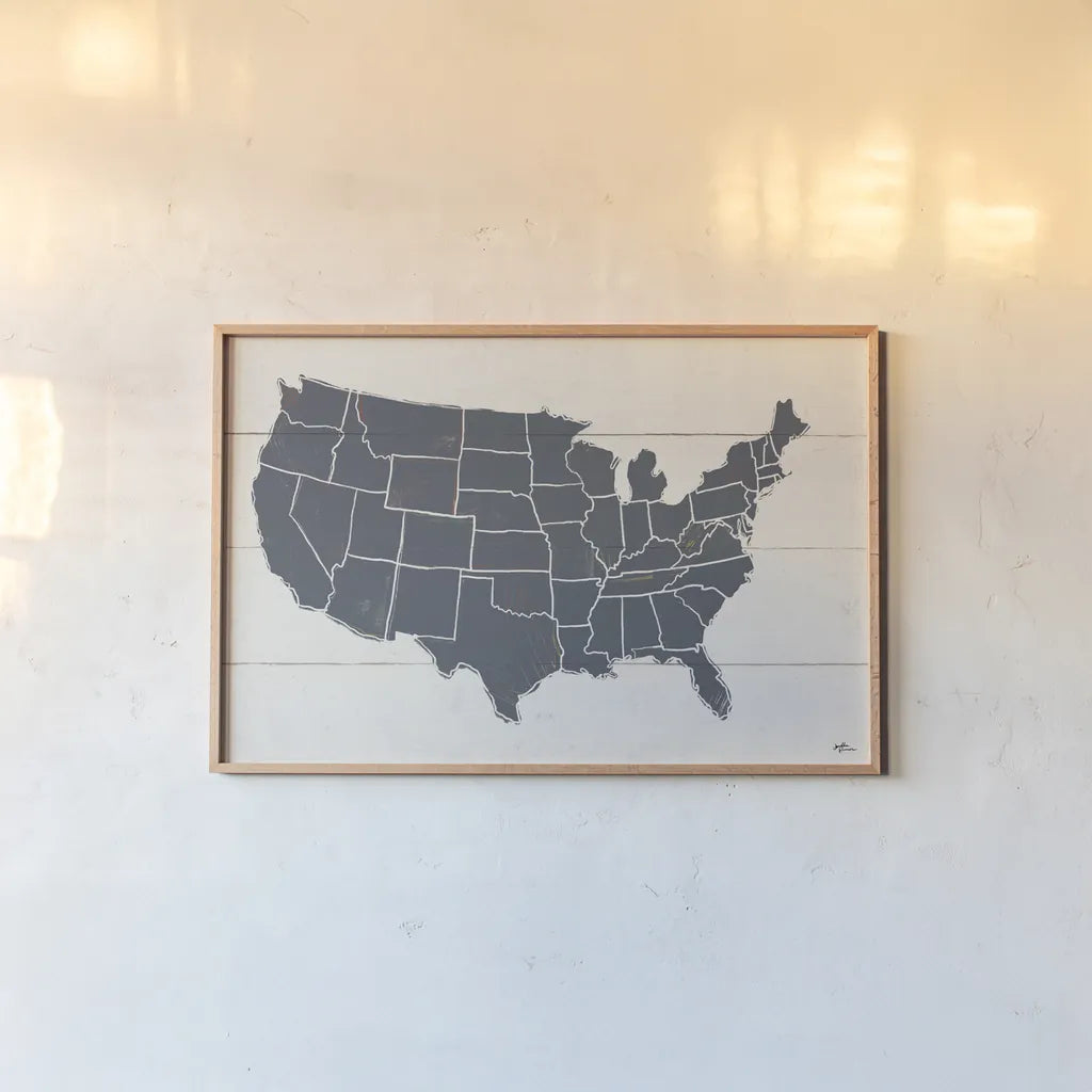 Peace and Lodge USA Map Gray by Janelle Penner. shown as a paper print in a natural frame. Available as a archival giclee rolled canvas, fine art paper, or poster print. SKU 88477i.