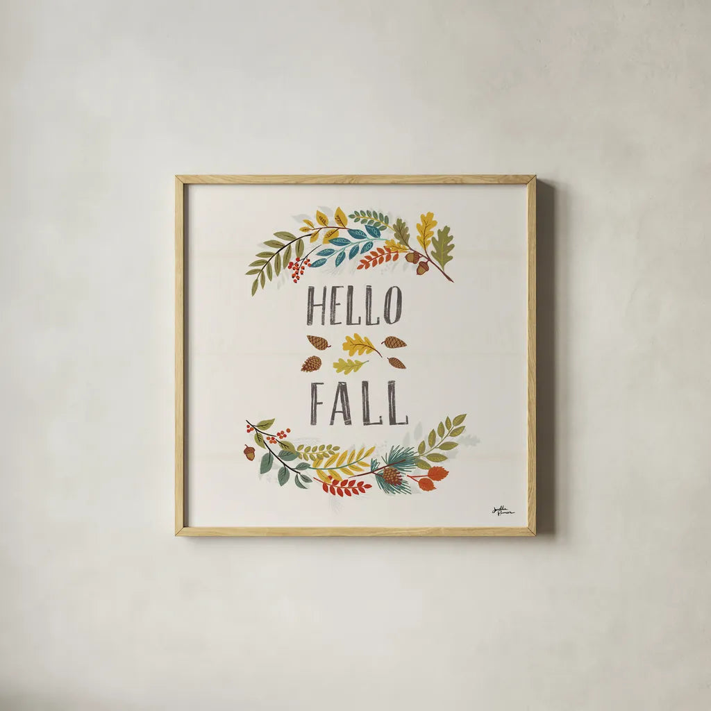 Peace and Lodge VI by Janelle Penner. Shown in a natural wood glass frame for a timeless modern aesthetic. Available as an archival giclee rolled canvas, fine art paper, or poster print. SKU 32022a.