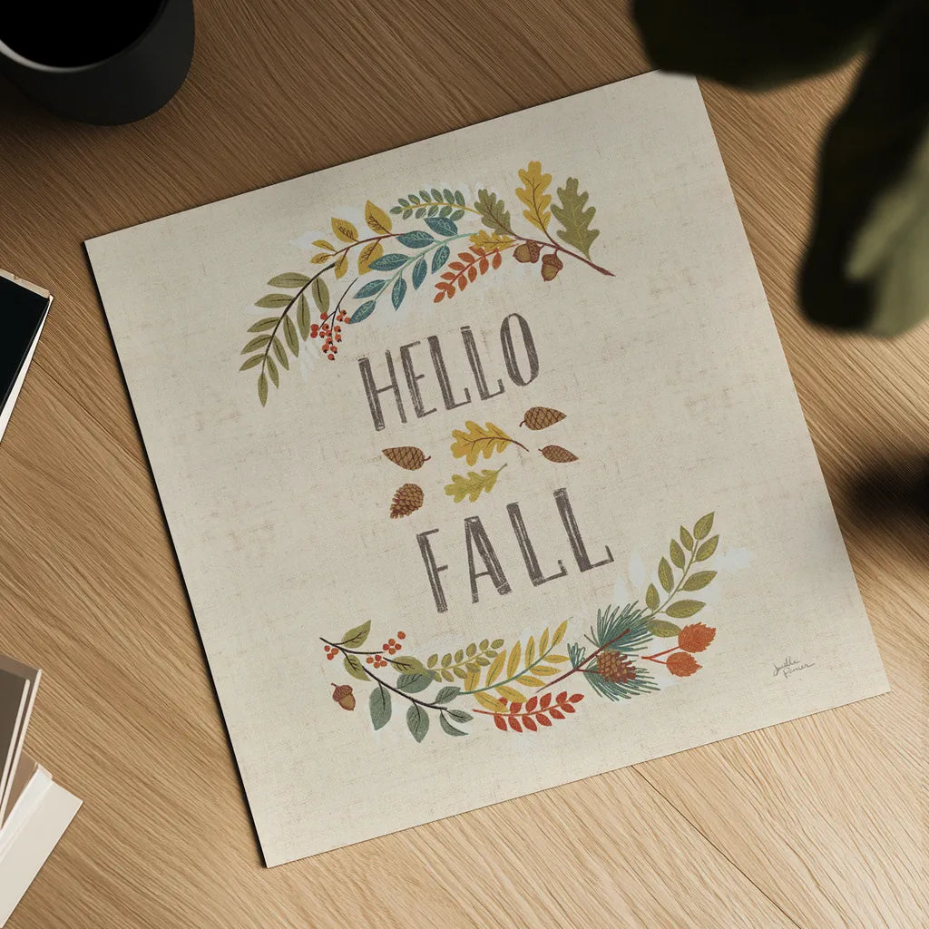 Peace and Lodge VI Burlap by Janelle Penner. Shown as a detailed flat fine art print, highlighting archival giclee quality. Available as an archival giclee rolled canvas, fine art paper, or poster print. SKU 47598a.