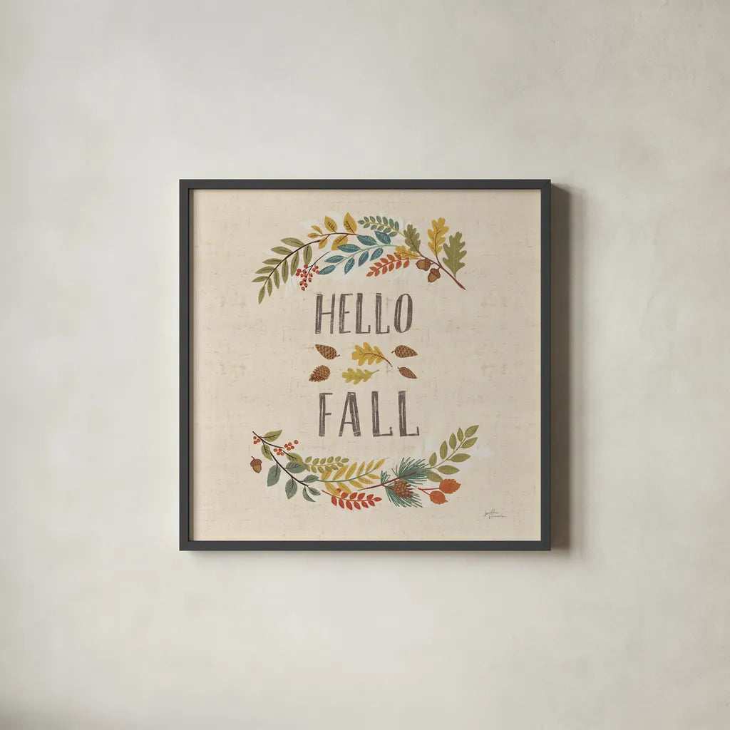 Peace and Lodge VI Burlap by Janelle Penner. Shown in a sleek black glass frame for a contemporary gallery look. Available as an archival giclee rolled canvas, fine art paper, or poster print. SKU 47598a.