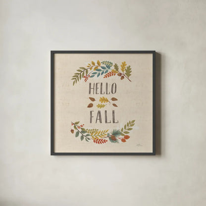 Peace and Lodge VI Burlap by Janelle Penner. Shown in a sleek black glass frame for a contemporary gallery look. Available as an archival giclee rolled canvas, fine art paper, or poster print. SKU 47598a.