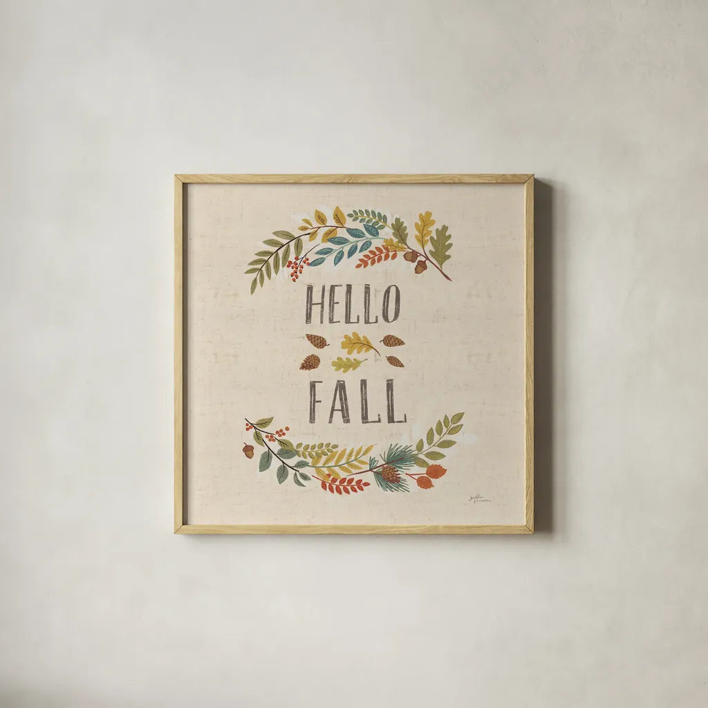 Peace and Lodge VI Burlap by Janelle Penner. Shown in a natural wood glass frame for a timeless modern aesthetic. Available as an archival giclee rolled canvas, fine art paper, or poster print. SKU 47598a.