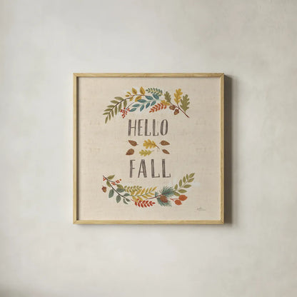 Peace and Lodge VI Burlap by Janelle Penner. Shown in a natural wood glass frame for a timeless modern aesthetic. Available as an archival giclee rolled canvas, fine art paper, or poster print. SKU 47598a.