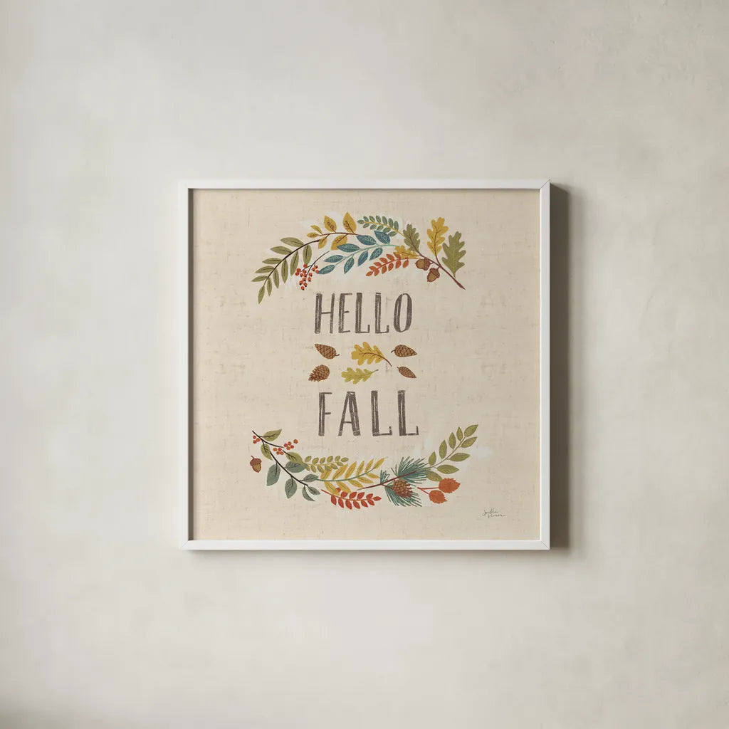 Peace and Lodge VI Burlap by Janelle Penner. Shown in a crisp white glass frame for a clean and minimalist style. Available as an archival giclee rolled canvas, fine art paper, or poster print. SKU 47598a.