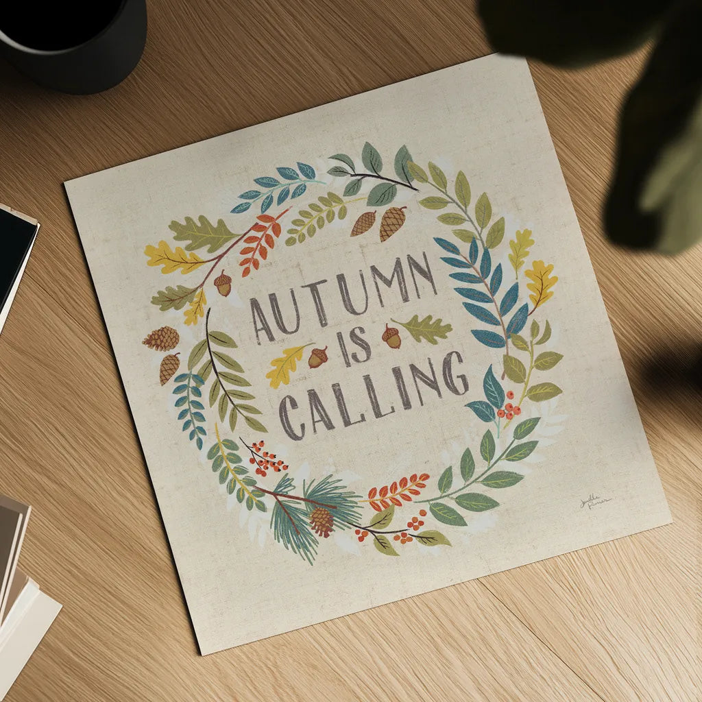 Peace and Lodge VII Burlap by Janelle Penner. Shown as a detailed flat fine art print, highlighting archival giclee quality. Available as an archival giclee rolled canvas, fine art paper, or poster print. SKU 47599a.