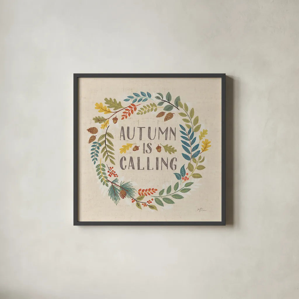 Peace and Lodge VII Burlap by Janelle Penner. Shown in a sleek black glass frame for a contemporary gallery look. Available as an archival giclee rolled canvas, fine art paper, or poster print. SKU 47599a.