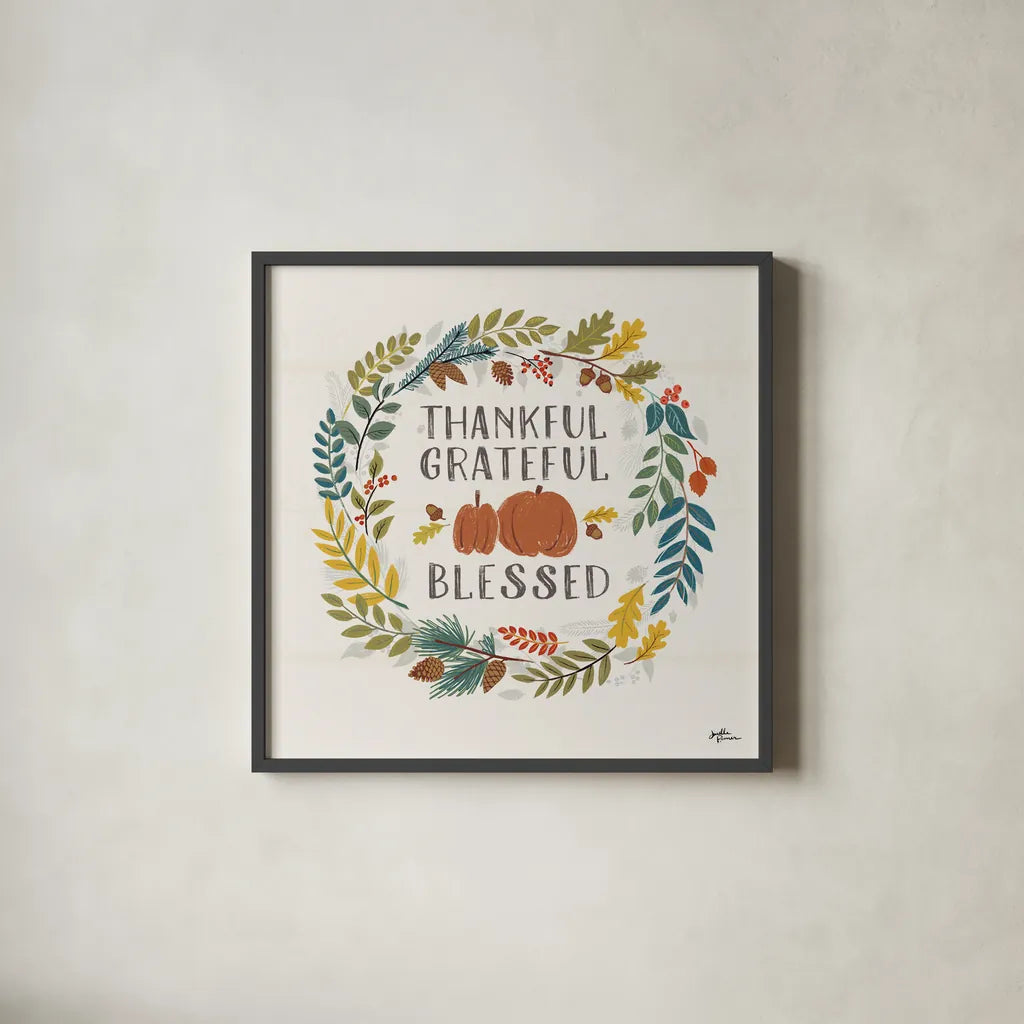 Peace and Lodge VIII by Janelle Penner. Shown in a sleek black glass frame for a contemporary gallery look. Available as an archival giclee rolled canvas, fine art paper, or poster print. SKU 32024a.