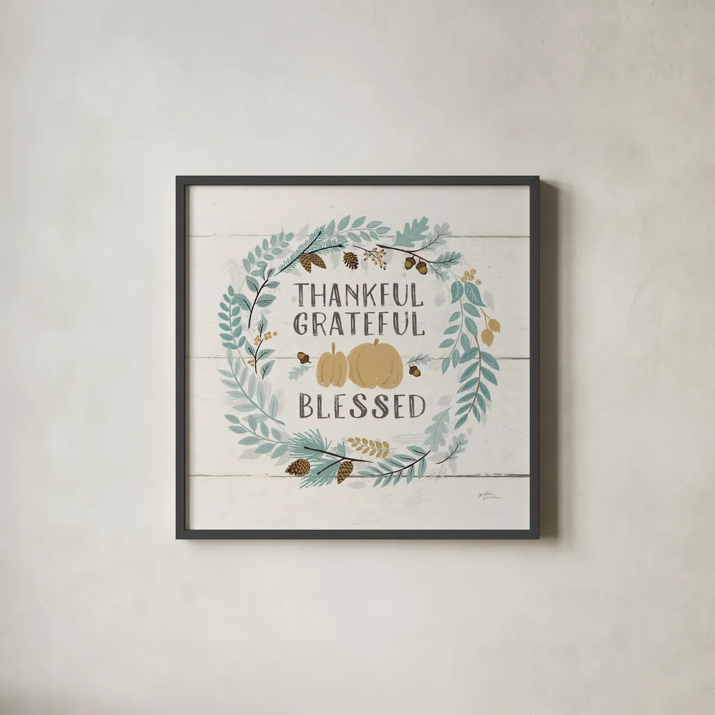 Peace and Lodge VIII on Shiplap Blue by Janelle Penner. Shown in a sleek black glass frame for a contemporary gallery look. Available as an archival giclee rolled canvas, fine art paper, or poster print. SKU 37000a.