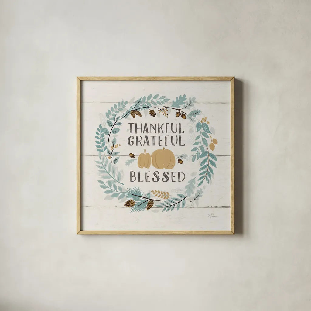 Peace and Lodge VIII on Shiplap Blue by Janelle Penner. Shown in a natural wood glass frame for a timeless modern aesthetic. Available as an archival giclee rolled canvas, fine art paper, or poster print. SKU 37000a.