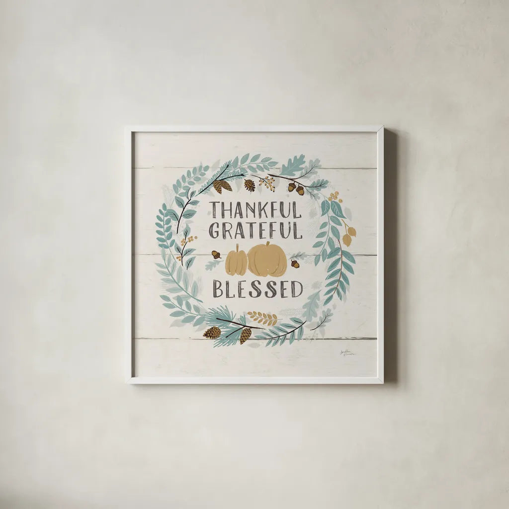 Peace and Lodge VIII on Shiplap Blue by Janelle Penner. Shown in a crisp white glass frame for a clean and minimalist style. Available as an archival giclee rolled canvas, fine art paper, or poster print. SKU 37000a.