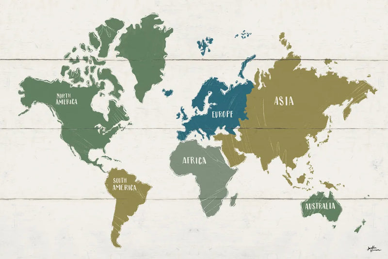 Peace and Lodge World Map by Janelle Penner. SKU 63362i. Archival Giclee Fine art print for wall decor.
