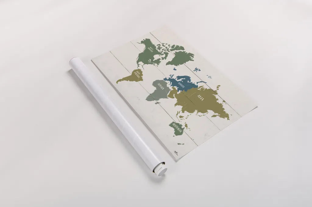 Peace and Lodge World Map by Janelle Penner. shown as a rolled paper print. Available as archival giclee rolled canvas, fine art paper, or poster print. SKU 63362i.