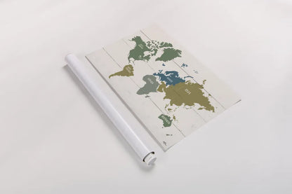 Peace and Lodge World Map by Janelle Penner. shown as a rolled paper print. Available as archival giclee rolled canvas, fine art paper, or poster print. SKU 63362i.