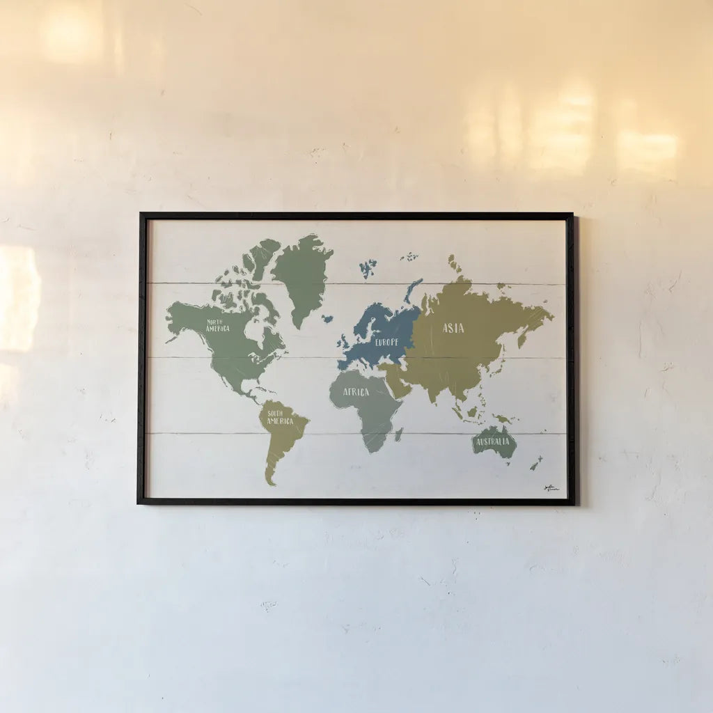 Peace and Lodge World Map by Janelle Penner. shown as a paper print in a black flame. Available as a archival giclee rolled canvas, fine art paper, or poster print. SKU 63362i.