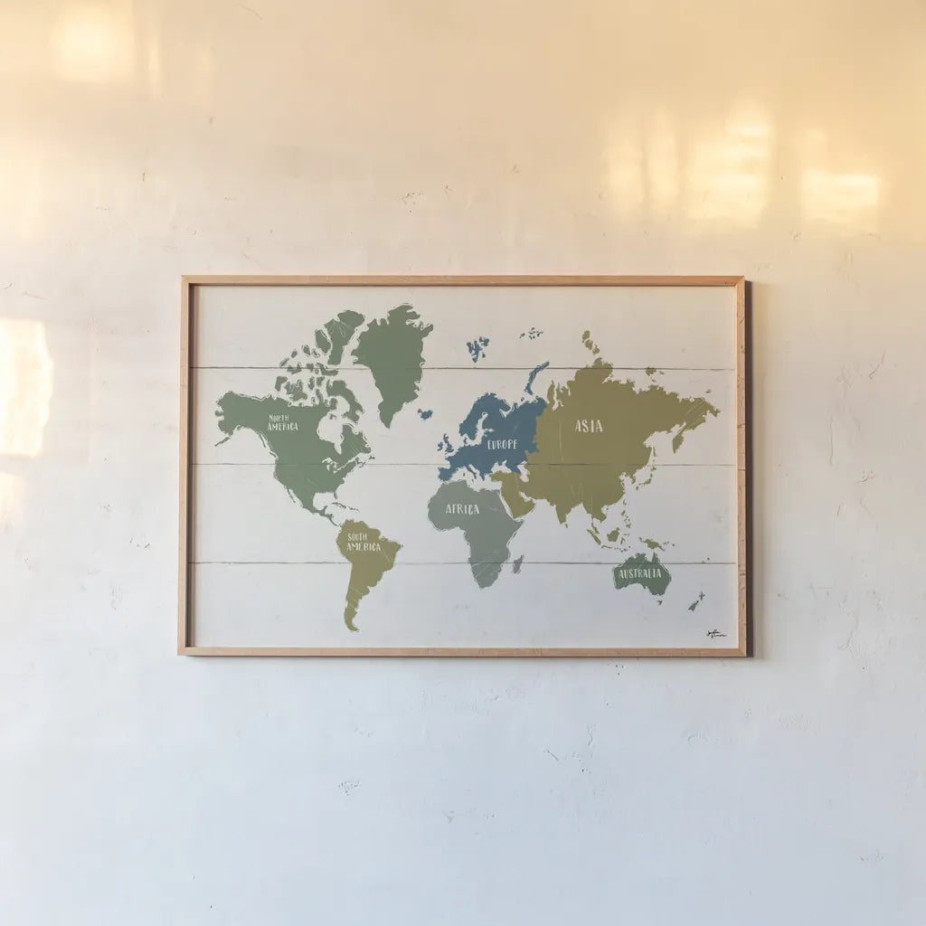 Peace and Lodge World Map by Janelle Penner. shown as a paper print in a natural frame. Available as a archival giclee rolled canvas, fine art paper, or poster print. SKU 63362i.