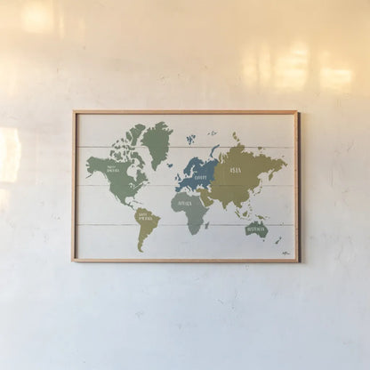 Peace and Lodge World Map by Janelle Penner. shown as a paper print in a natural frame. Available as a archival giclee rolled canvas, fine art paper, or poster print. SKU 63362i.