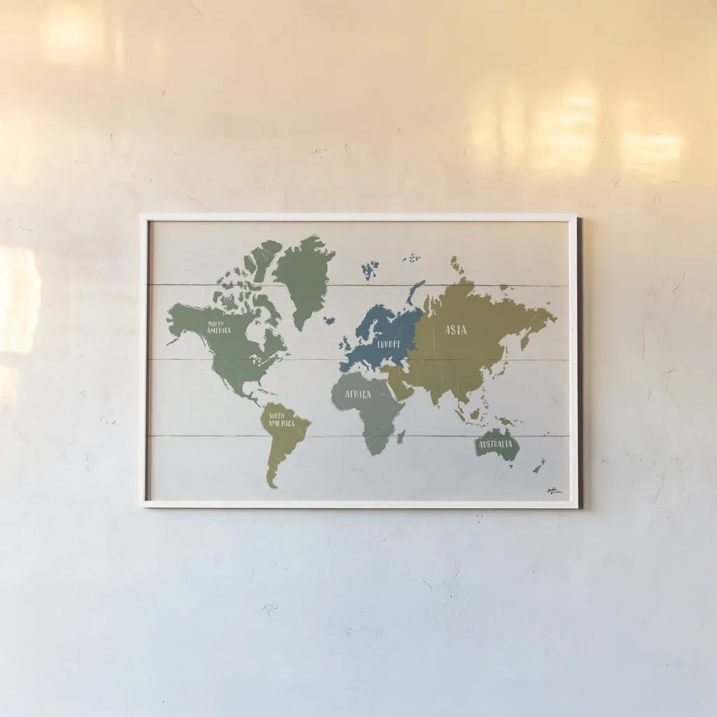 Peace and Lodge World Map by Janelle Penner. shown as a paper print in a white frame. Available as a archival giclee rolled canvas, fine art paper, or poster print. SKU 63362i.