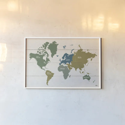 Peace and Lodge World Map by Janelle Penner. shown as a paper print in a white frame. Available as a archival giclee rolled canvas, fine art paper, or poster print. SKU 63362i.