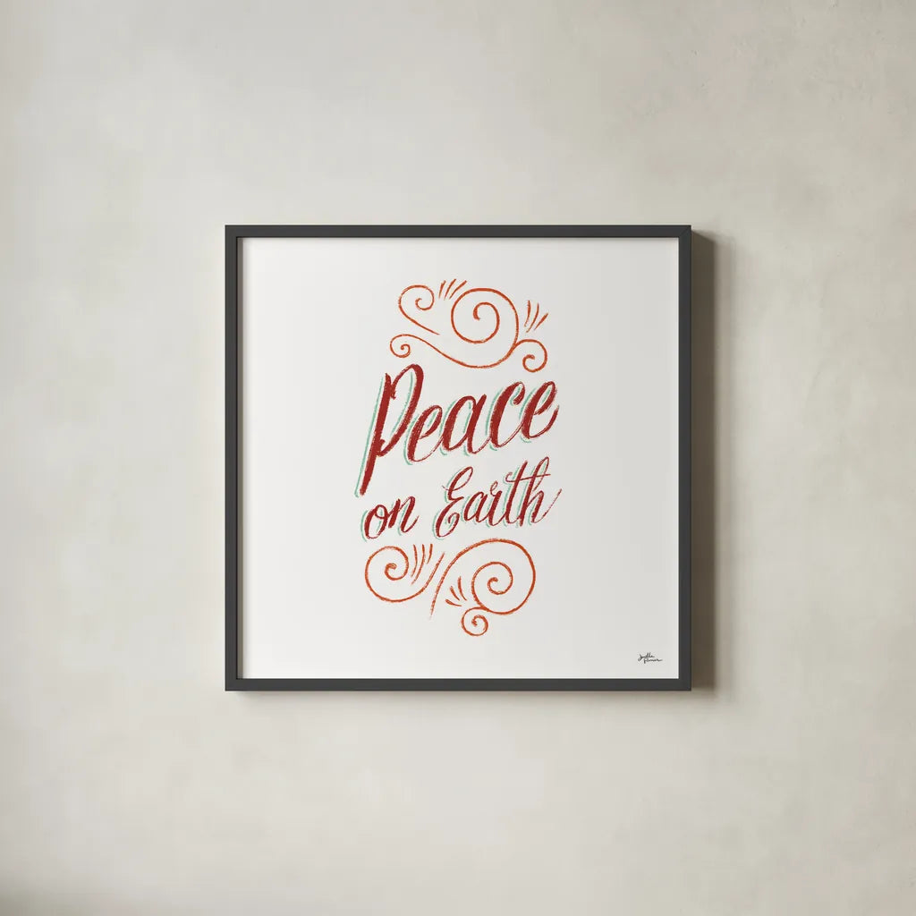Peace on Earth by Janelle Penner. Shown in a sleek black glass frame for a contemporary gallery look. Available as an archival giclee rolled canvas, fine art paper, or poster print. SKU 59945a.