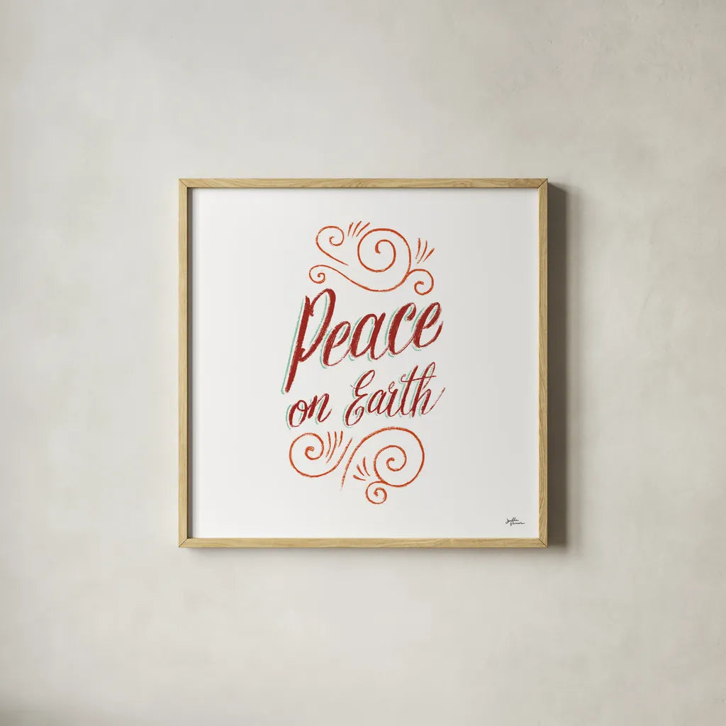 Peace on Earth by Janelle Penner. Shown in a natural wood glass frame for a timeless modern aesthetic. Available as an archival giclee rolled canvas, fine art paper, or poster print. SKU 59945a.