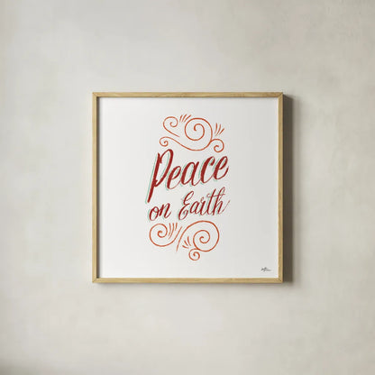 Peace on Earth by Janelle Penner. Shown in a natural wood glass frame for a timeless modern aesthetic. Available as an archival giclee rolled canvas, fine art paper, or poster print. SKU 59945a.