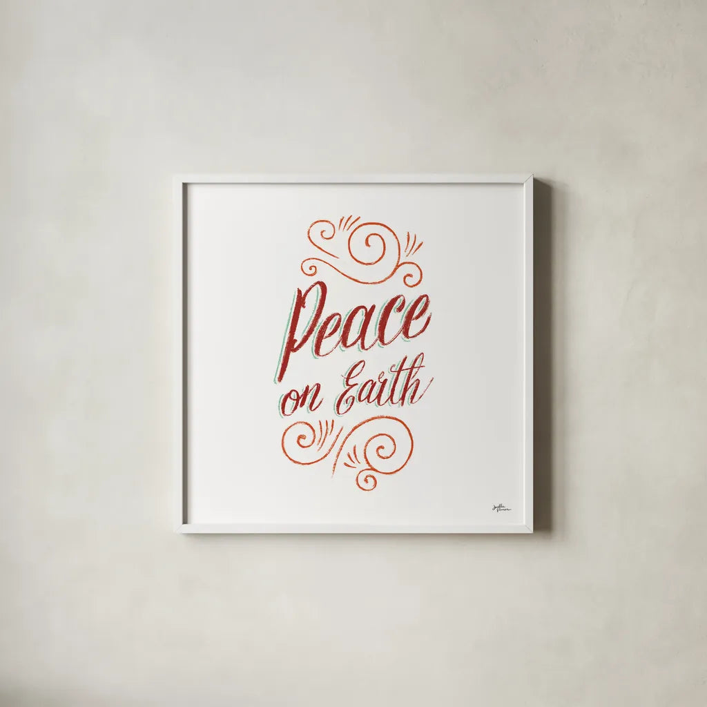 Peace on Earth by Janelle Penner. Shown in a crisp white glass frame for a clean and minimalist style. Available as an archival giclee rolled canvas, fine art paper, or poster print. SKU 59945a.