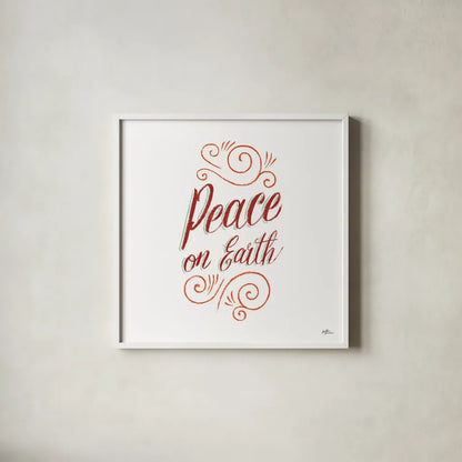Peace on Earth by Janelle Penner. Shown in a crisp white glass frame for a clean and minimalist style. Available as an archival giclee rolled canvas, fine art paper, or poster print. SKU 59945a.