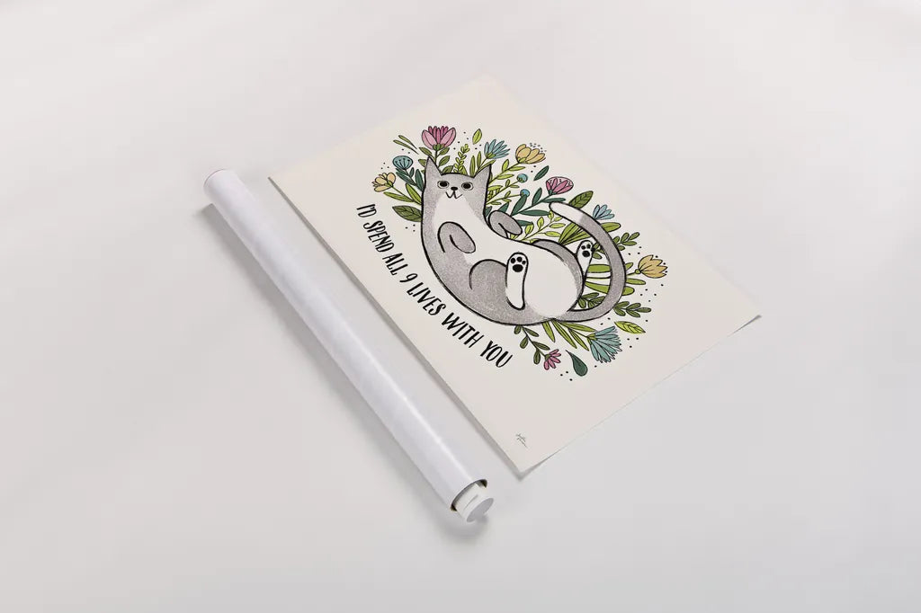 Purrfect Garden I by Janelle Penner. shown as a rolled paper print. Available as archival giclee rolled canvas, fine art paper, or poster print. SKU 37607i.