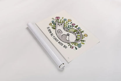 Purrfect Garden I by Janelle Penner. shown as a rolled paper print. Available as archival giclee rolled canvas, fine art paper, or poster print. SKU 37607i.