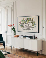 Purrfect Garden I by Janelle Penner. shown as a framed stretched canvas in a living room above a console. Available as a archival giclee rolled canvas, fine art paper, or poster print. SKU 37607i.