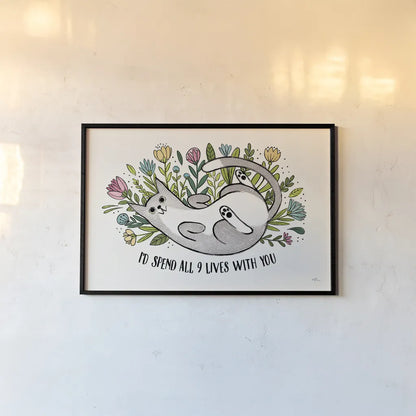 Purrfect Garden I by Janelle Penner. shown as a paper print in a black flame. Available as a archival giclee rolled canvas, fine art paper, or poster print. SKU 37607i.