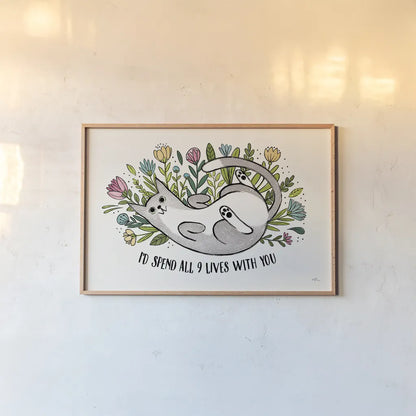 Purrfect Garden I by Janelle Penner. shown as a paper print in a natural frame. Available as a archival giclee rolled canvas, fine art paper, or poster print. SKU 37607i.