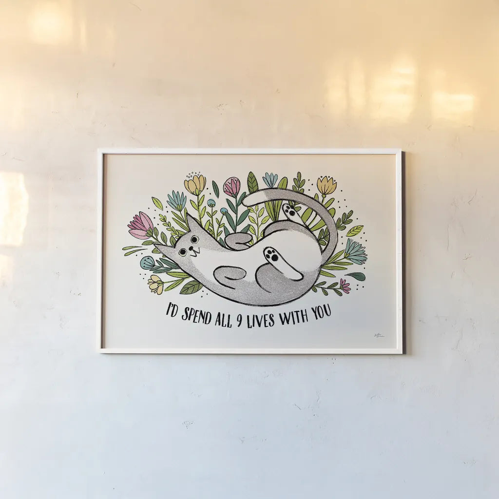 Purrfect Garden I by Janelle Penner. shown as a paper print in a white frame. Available as a archival giclee rolled canvas, fine art paper, or poster print. SKU 37607i.