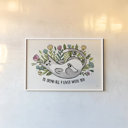 Purrfect Garden I by Janelle Penner. shown as a paper print in a white frame. Available as a archival giclee rolled canvas, fine art paper, or poster print. SKU 37607i.