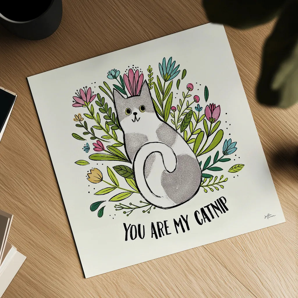 Purrfect Garden II by Janelle Penner. Shown as a detailed flat fine art print, highlighting archival giclee quality. Available as an archival giclee rolled canvas, fine art paper, or poster print. SKU 37608a.