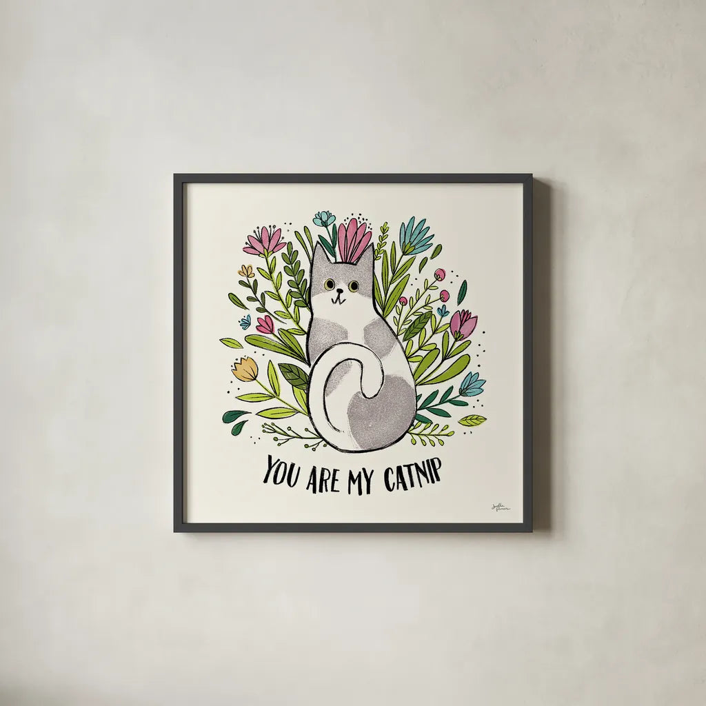 Purrfect Garden II by Janelle Penner. Shown in a sleek black glass frame for a contemporary gallery look. Available as an archival giclee rolled canvas, fine art paper, or poster print. SKU 37608a.