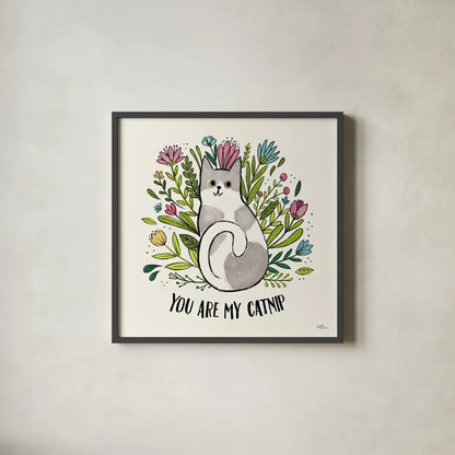 Purrfect Garden II by Janelle Penner. Shown in a sleek black glass frame for a contemporary gallery look. Available as an archival giclee rolled canvas, fine art paper, or poster print. SKU 37608a.