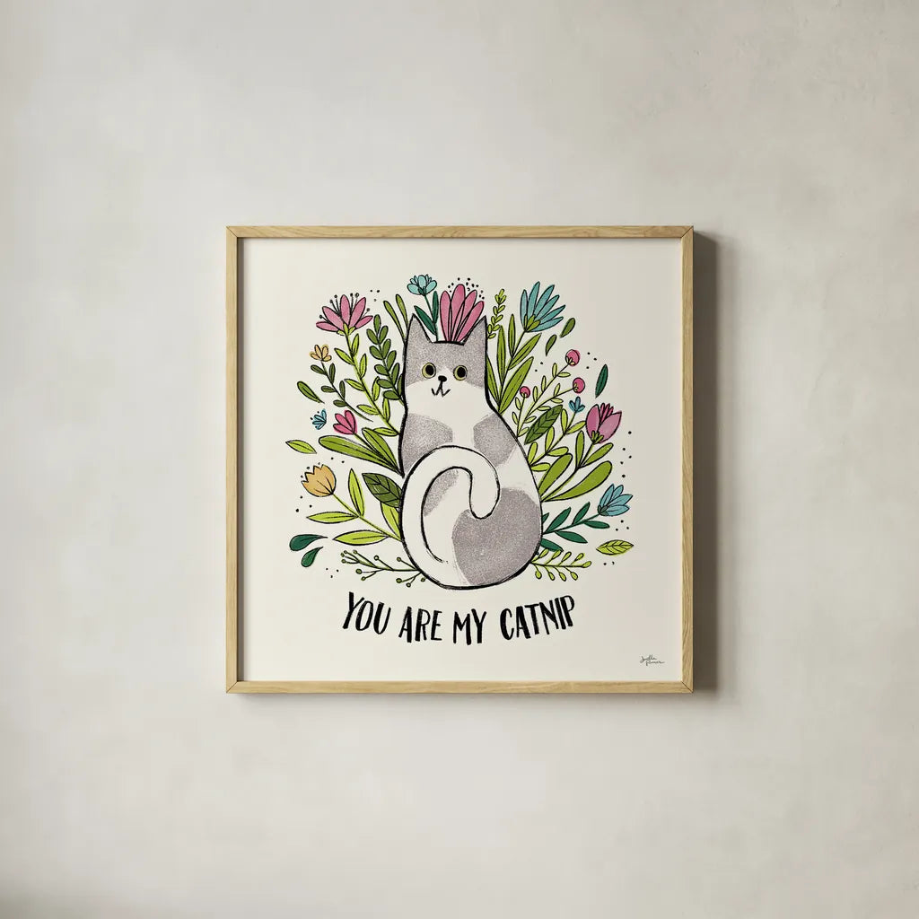 Purrfect Garden II by Janelle Penner. Shown in a natural wood glass frame for a timeless modern aesthetic. Available as an archival giclee rolled canvas, fine art paper, or poster print. SKU 37608a.