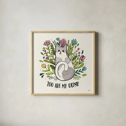 Purrfect Garden II by Janelle Penner. Shown in a natural wood glass frame for a timeless modern aesthetic. Available as an archival giclee rolled canvas, fine art paper, or poster print. SKU 37608a.