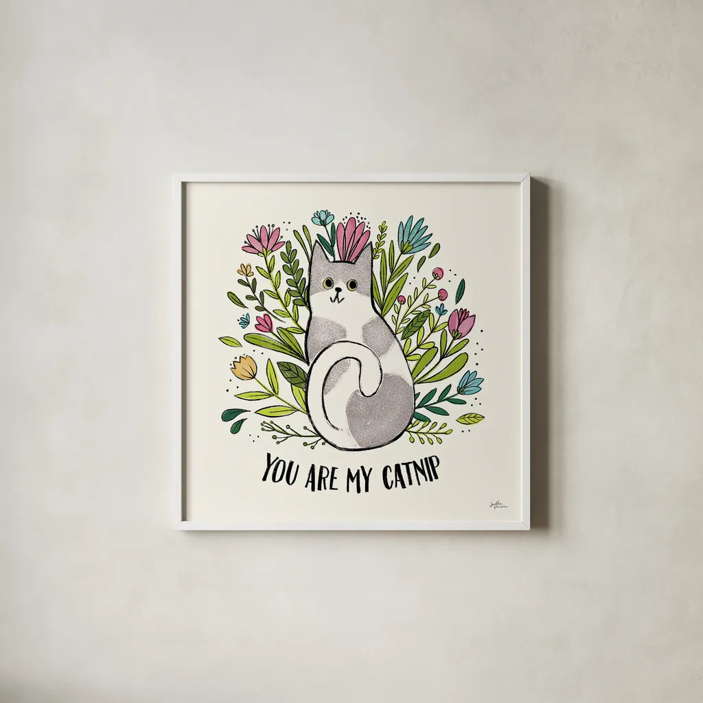 Purrfect Garden II by Janelle Penner. Shown in a crisp white glass frame for a clean and minimalist style. Available as an archival giclee rolled canvas, fine art paper, or poster print. SKU 37608a.