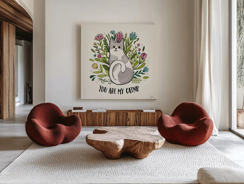 Purrfect Garden II by Janelle Penner. Shown as extra-large giant wall art in a modern living room. Available as an archival giclee rolled canvas, fine art paper, or poster print. SKU 37608a.