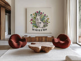 Purrfect Garden III by Janelle Penner. Shown as extra-large giant wall art in a modern living room. Available as an archival giclee rolled canvas, fine art paper, or poster print. SKU 37609a.