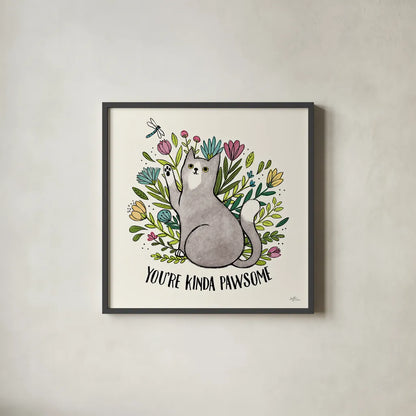 Purrfect Garden IV by Janelle Penner. Shown in a sleek black glass frame for a contemporary gallery look. Available as an archival giclee rolled canvas, fine art paper, or poster print. SKU 37610a.