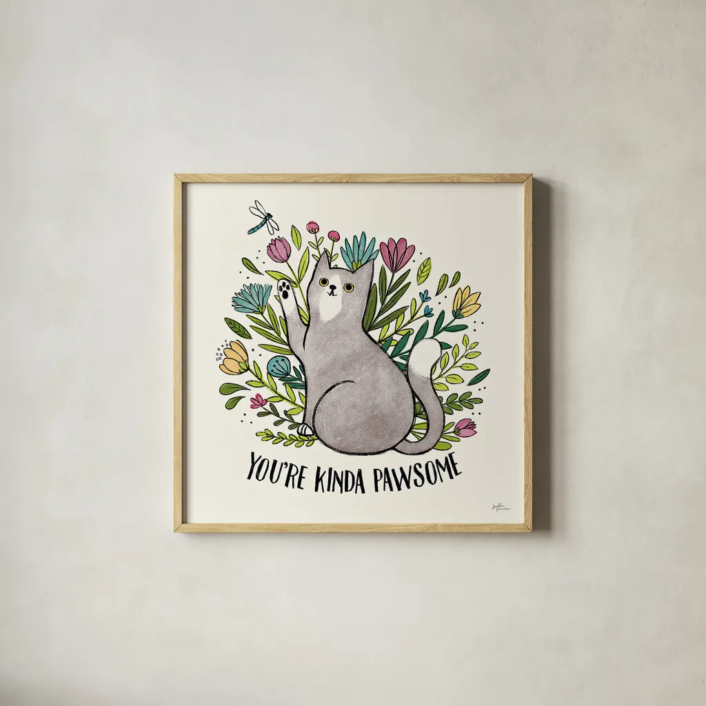 Purrfect Garden IV by Janelle Penner. Shown in a natural wood glass frame for a timeless modern aesthetic. Available as an archival giclee rolled canvas, fine art paper, or poster print. SKU 37610a.