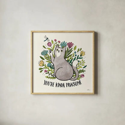 Purrfect Garden IV by Janelle Penner. Shown in a natural wood glass frame for a timeless modern aesthetic. Available as an archival giclee rolled canvas, fine art paper, or poster print. SKU 37610a.