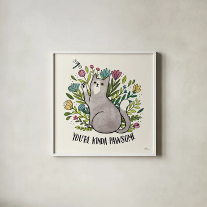 Purrfect Garden IV by Janelle Penner. Shown in a crisp white glass frame for a clean and minimalist style. Available as an archival giclee rolled canvas, fine art paper, or poster print. SKU 37610a.