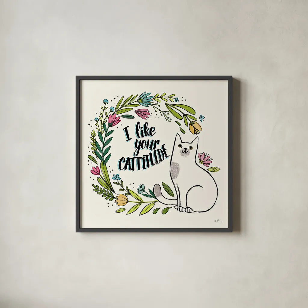 Purrfect Garden IX by Janelle Penner. Shown in a sleek black glass frame for a contemporary gallery look. Available as an archival giclee rolled canvas, fine art paper, or poster print. SKU 37615a.
