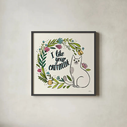 Purrfect Garden IX by Janelle Penner. Shown in a sleek black glass frame for a contemporary gallery look. Available as an archival giclee rolled canvas, fine art paper, or poster print. SKU 37615a.