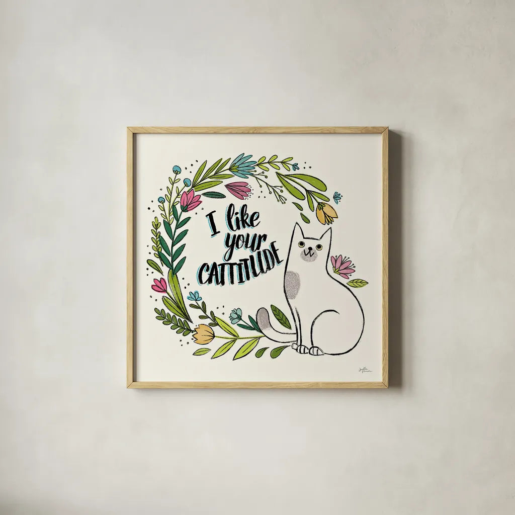 Purrfect Garden IX by Janelle Penner. Shown in a natural wood glass frame for a timeless modern aesthetic. Available as an archival giclee rolled canvas, fine art paper, or poster print. SKU 37615a.