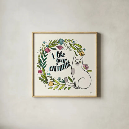 Purrfect Garden IX by Janelle Penner. Shown in a natural wood glass frame for a timeless modern aesthetic. Available as an archival giclee rolled canvas, fine art paper, or poster print. SKU 37615a.